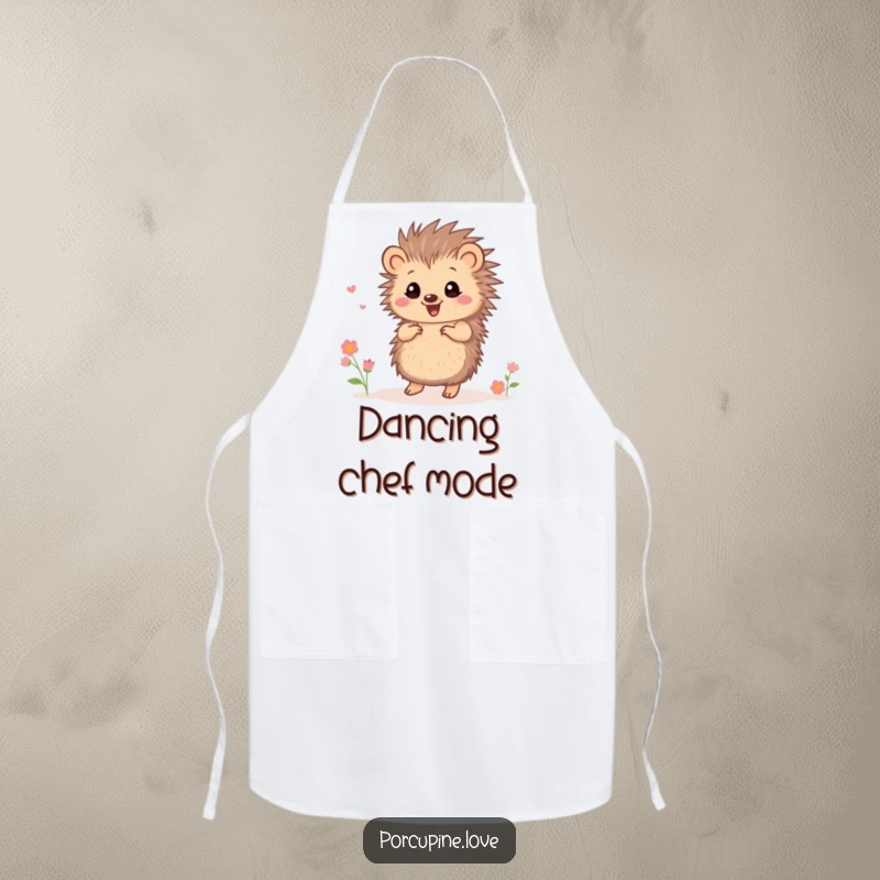 Funny small porcupine apron, dancing happily among tiny flowers, bringing joy and humor to any cooking or crafting activity.