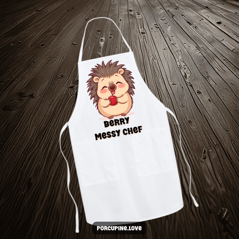 Funny excited porcupine apron, nose wiggling with anticipation over a tasty berry, ideal for kitchen fun and humorous cooking.