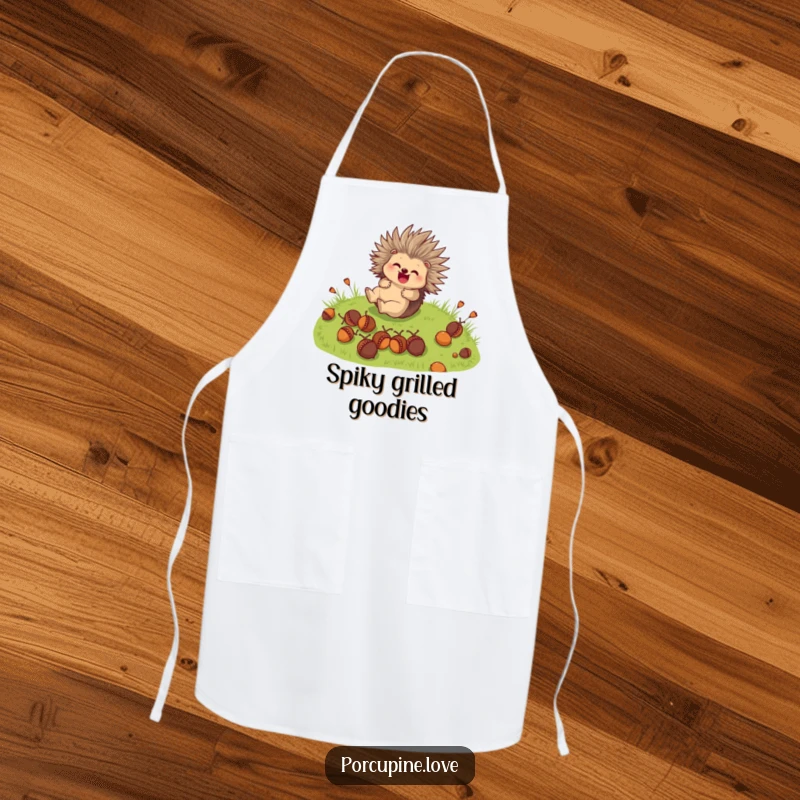 Funny Apron: A cute porcupine character joyfully rolls down a grassy hill with acorns, bringing fun to the kitchen.
