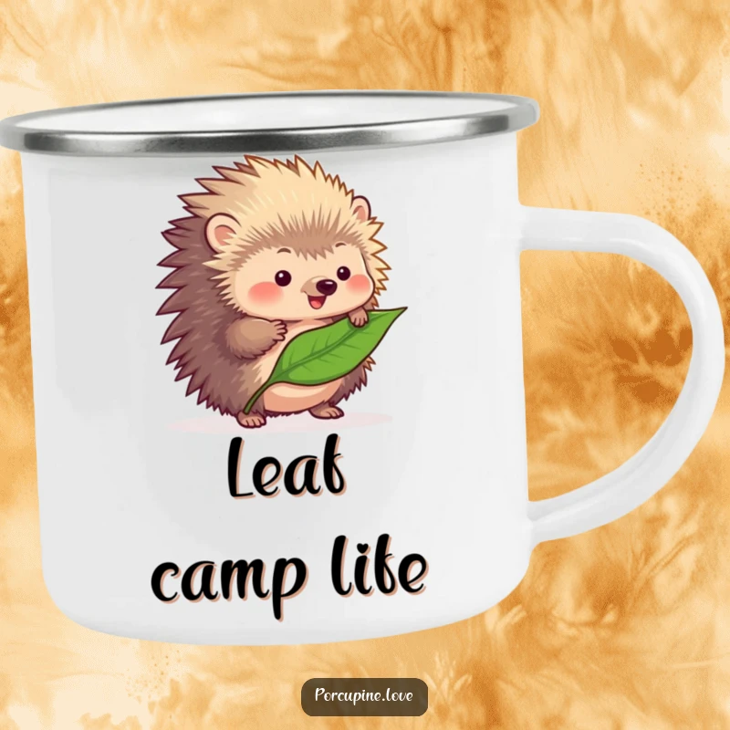 Funny fluffy porcupine camping mug, focused on balancing a leaf on its quills, ready for any humorous outdoor adventure.