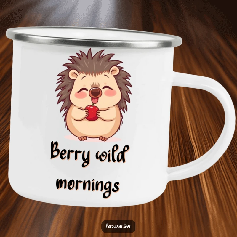 Funny excited porcupine camping mug, nose wiggling with anticipation at a berry, ready for outdoor fun and humor.