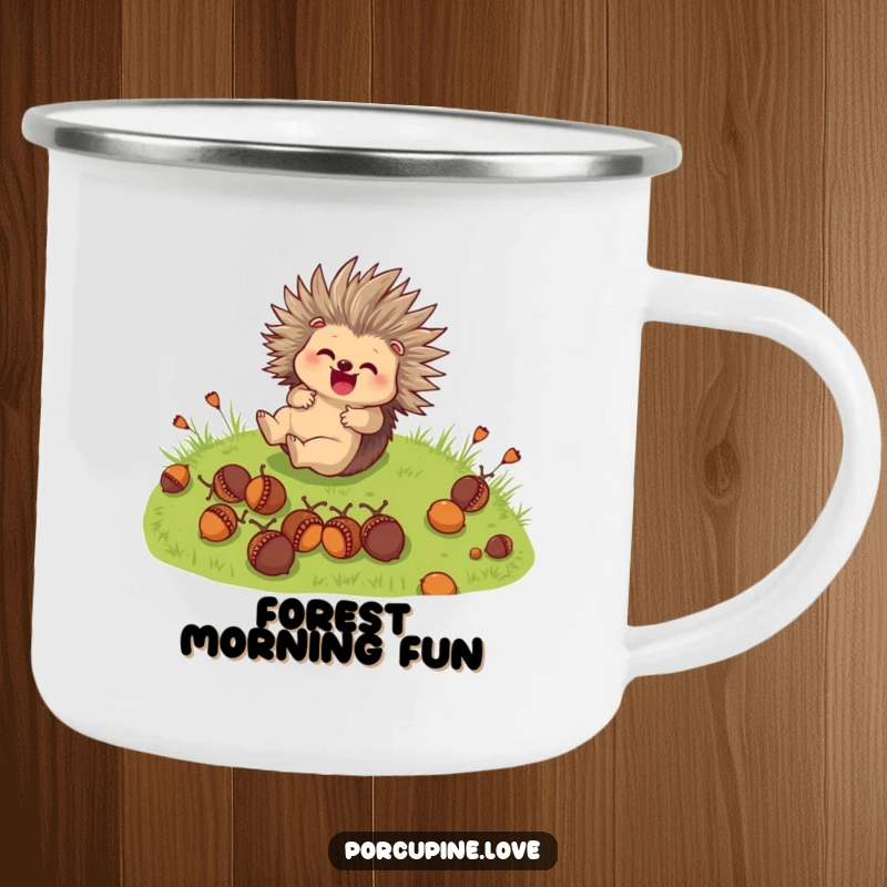 Funny Camping Mug: A cute porcupine character joyfully rolls down a grassy hill with acorns, perfect for outdoor fun.