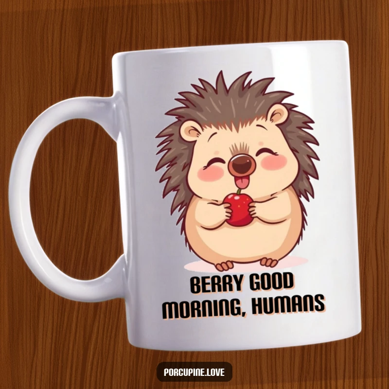 Funny excited porcupine mug, nose wiggling with anticipation for a delicious berry, radiating pure joy and humor.