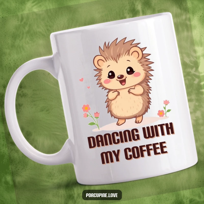 Funny small porcupine mug, doing a joyful dance surrounded by tiny blooming flowers, radiating happiness and charm.