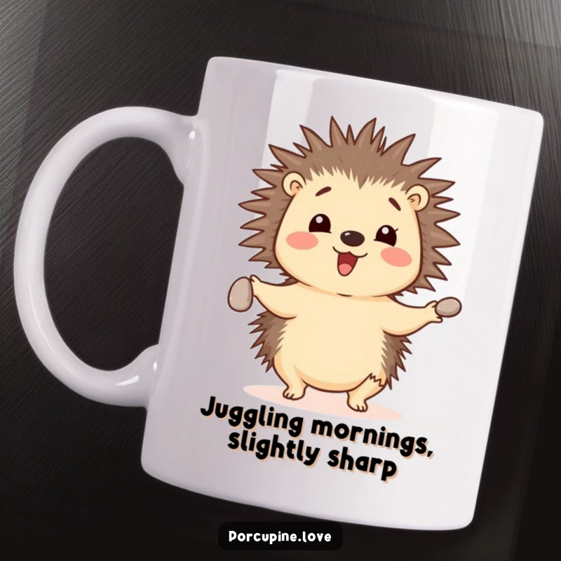 Funny cheerful porcupine mug, skillfully juggling three small pebbles with its quills, demonstrating amazing dexterity and joy.