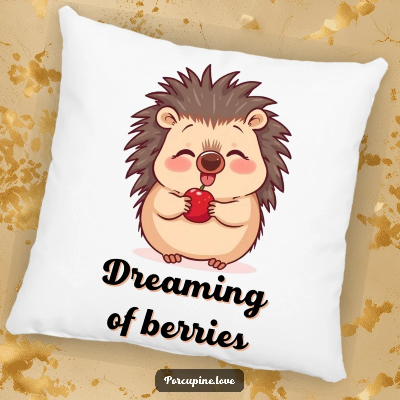 Funny excited porcupine pillow, nose wiggling with glee at a succulent berry, a soft and humorous home decor piece.