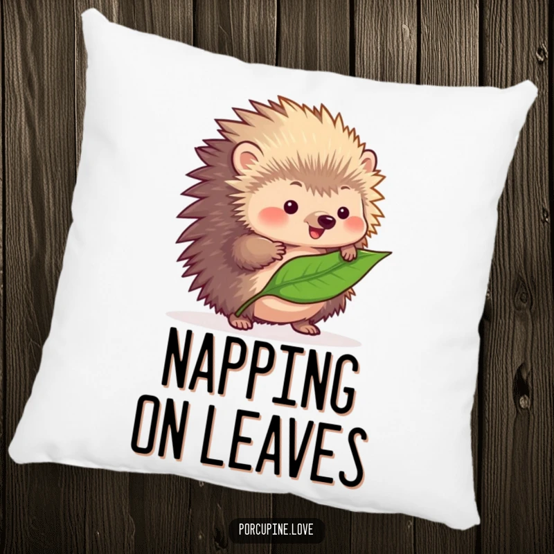 Funny fluffy porcupine pillow, concentrating on balancing a delicate leaf on its quills, a soft and humorous addition to any room.
