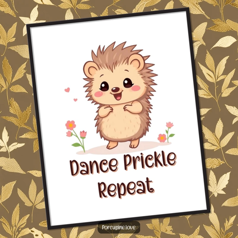 Funny small porcupine digital art print, in a joyful dance surrounded by tiny flowers, an illustration of pure, vibrant happiness.
