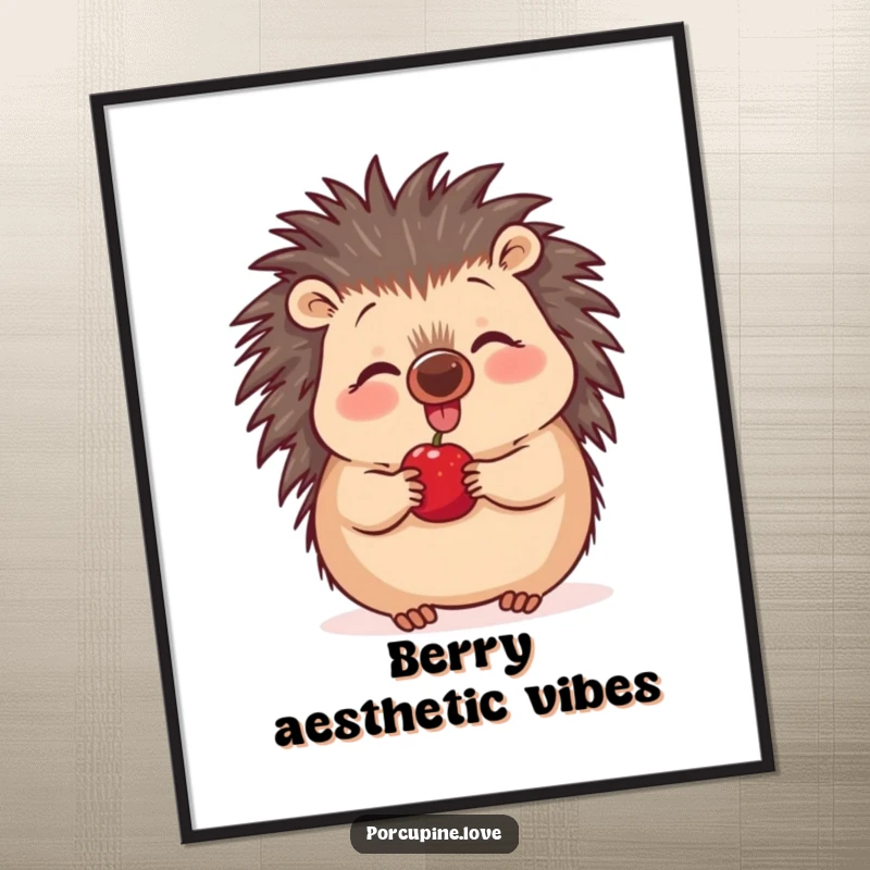 Funny excited porcupine digital art print, nose wiggling with pure delight at a plump berry, a joyful and humorous illustration.