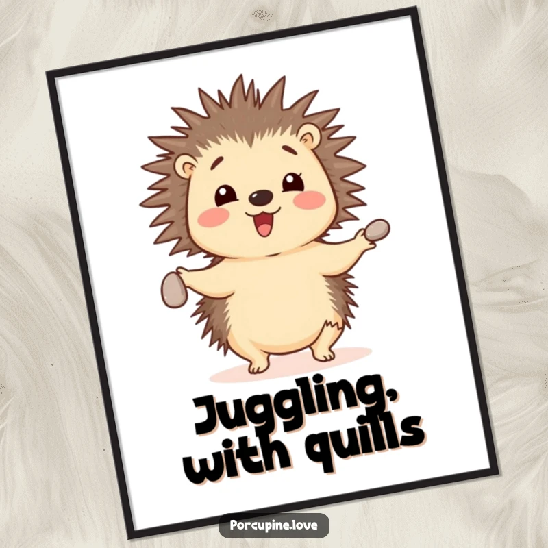 Funny cheerful porcupine digital art print, skillfully juggling three small pebbles with its quills, a humorous and impressive illustration.