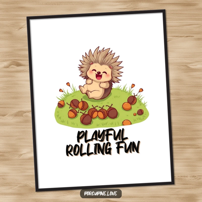 Funny Digital Art Print: A cute porcupine character joyfully rolls down a grassy hill with acorns, radiating happiness.