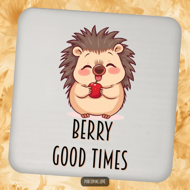 Funny excited porcupine drink coaster, nose wiggling with joy near a berry, adding humor and charm to table settings.