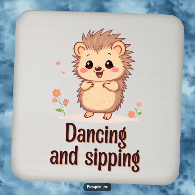 Funny small porcupine drink coaster, doing a happy dance with tiny flowers, a charming and humorous addition to any table.