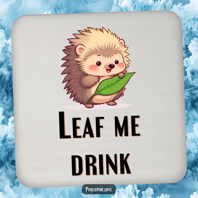 Funny fluffy porcupine drink coaster, concentrating on balancing a leaf on its quills, a humorous and functional table protector.