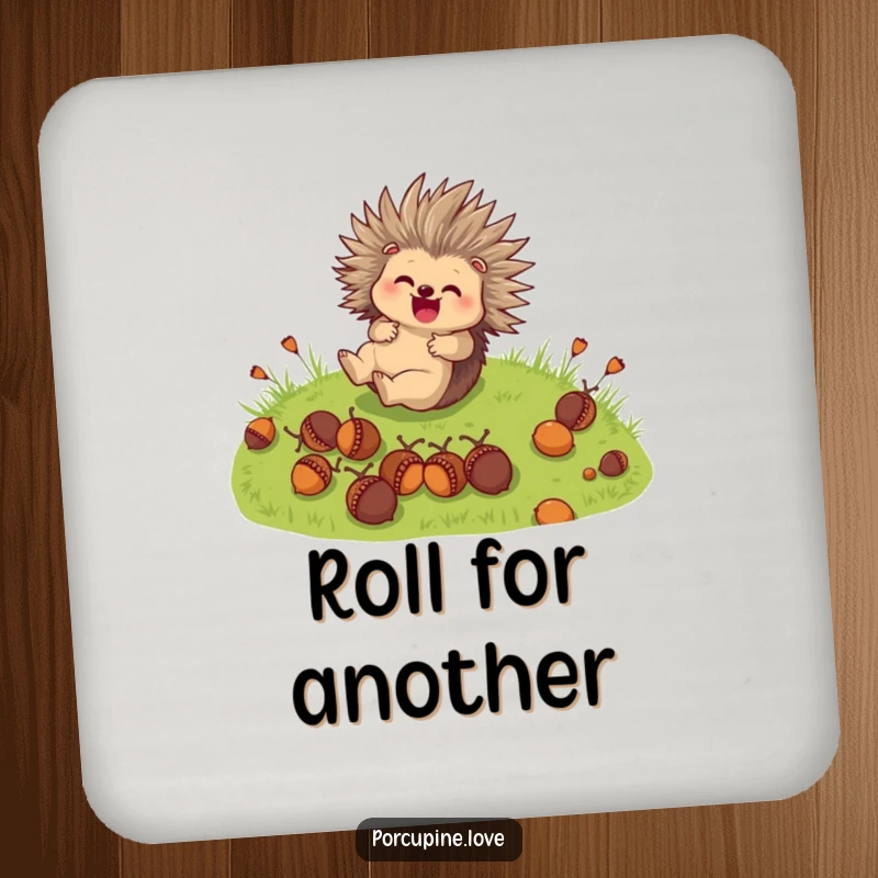 Funny Drink Coaster: A cute porcupine character joyfully rolls down a grassy hill with acorns, offering delightful surface protection.