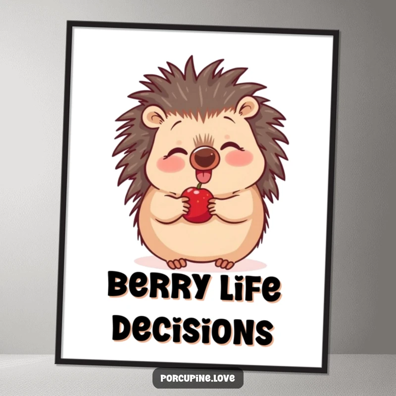 Funny excited porcupine poster, nose wiggling with delight at a plump berry, capturing a moment of pure, humorous joy.
