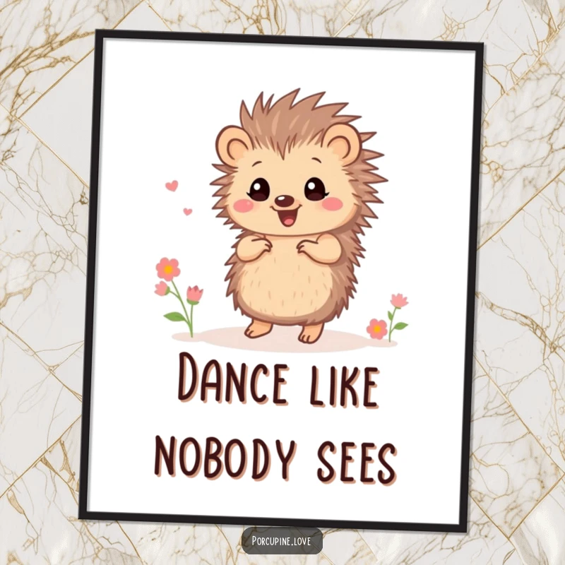 Funny small porcupine poster, in a happy dance surrounded by tiny blooming flowers, an illustration of pure, unadulterated joy.