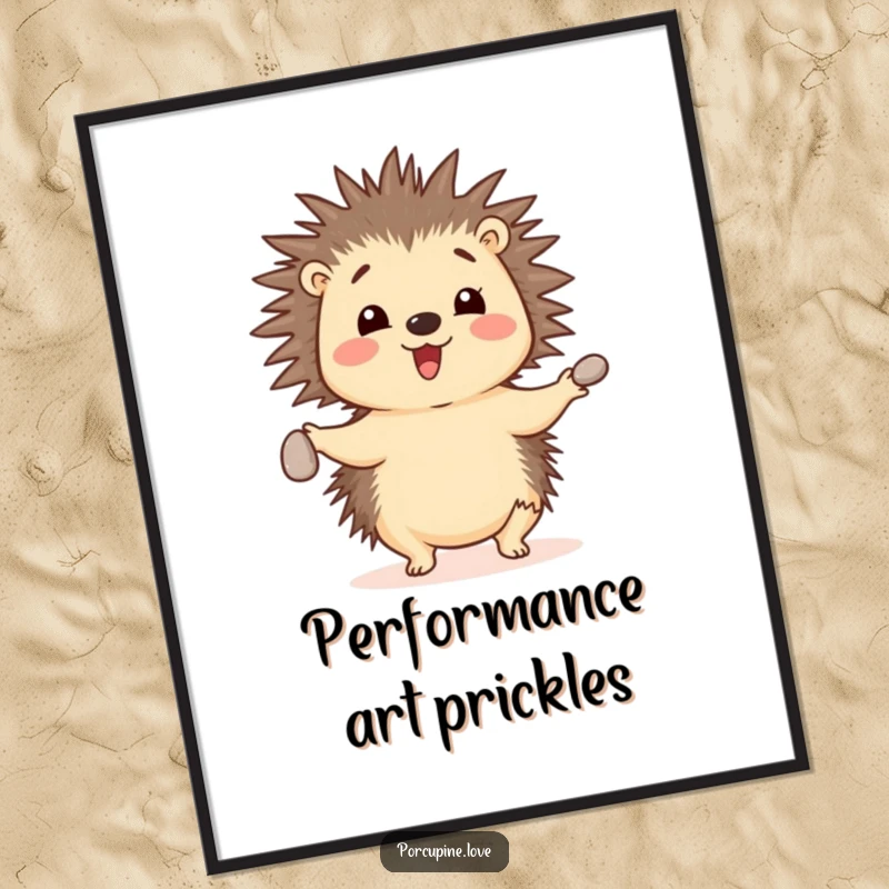 Funny cheerful porcupine poster, skillfully juggling three small pebbles with its quills, a humorous and impressive display of talent.