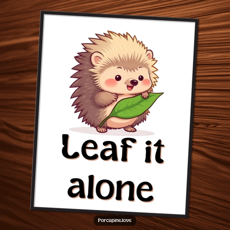 Funny fluffy porcupine poster, focused on the challenge of balancing a single leaf on its quills, a humorous nature art piece.