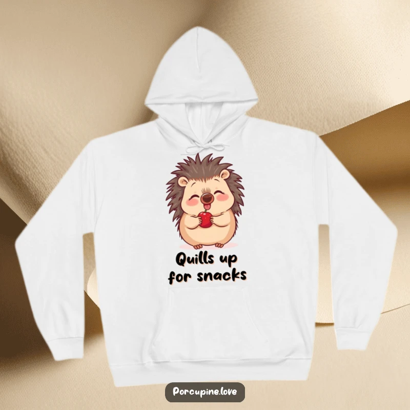 Funny excited porcupine hoodie, wiggling its nose with pure joy at a plump berry, perfect for cozy, humorous comfort.