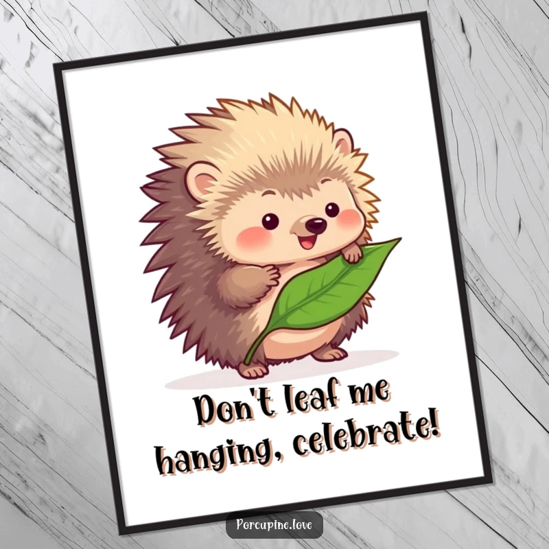Funny Free Printable Wall Art: Fluffy porcupine with quills looking very serious while attempting to balance a single green leaf.