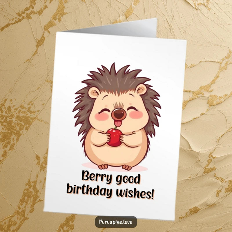 Funny Free Printable Birthday Card: Plump porcupine with quills wiggling its nose in pure joy at a ripe berry.