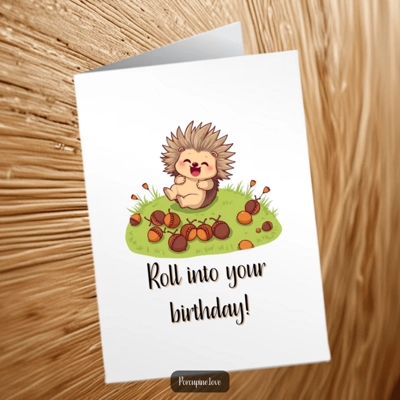 Funny Free Printable Birthday Card: A cute porcupine character joyfully rolls down a grassy hill, clutching acorns, wishing a happy birthday.