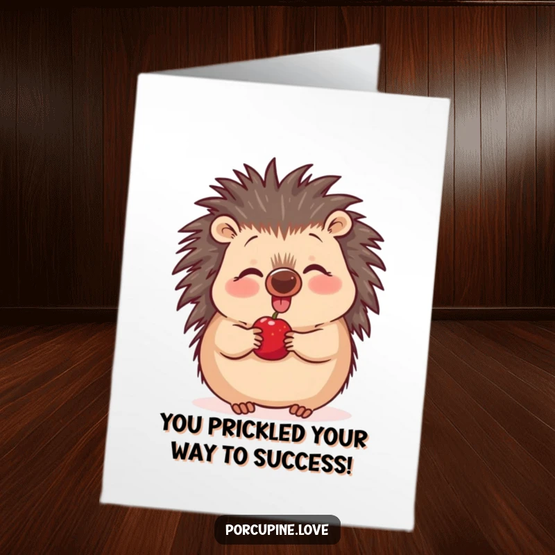 Funny Free Printable Congratulations Card: A plump porcupine intensely focused, nose wiggling, anticipating a delicious berry.