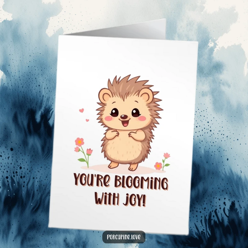Funny Free Printable Congratulations Card: Small porcupine with quills gleefully dancing amidst a scattering of tiny, colorful flowers.