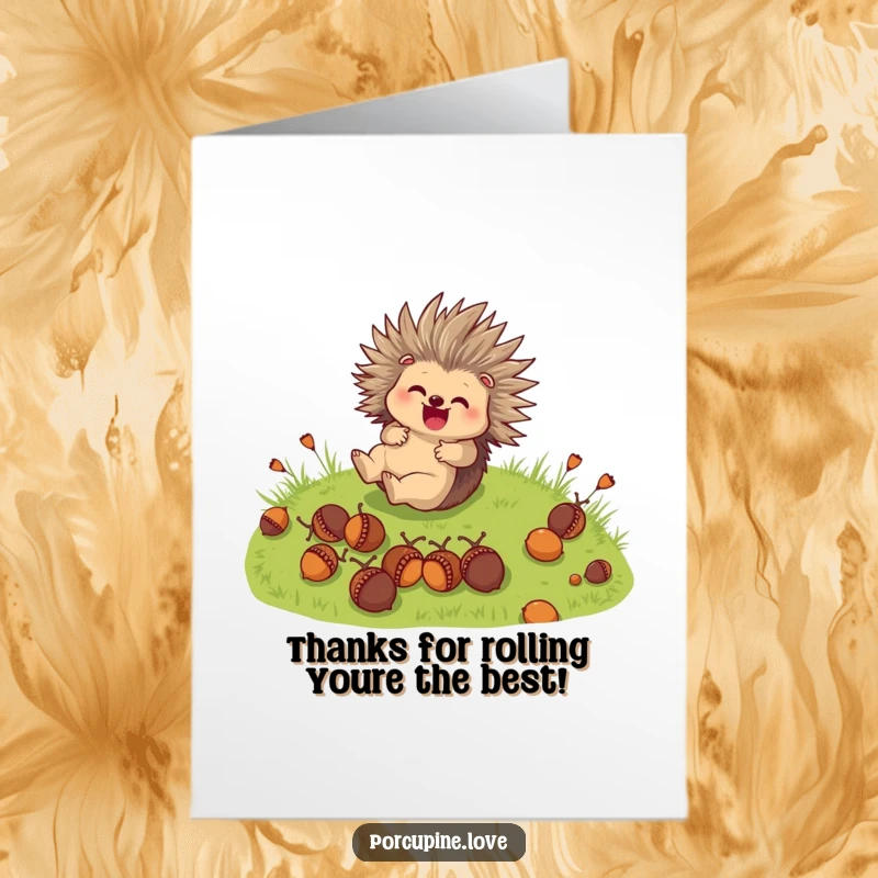 Funny Free Printable Thank You Card: A cute porcupine character joyfully rolls down a grassy hill with acorns, expressing thanks.