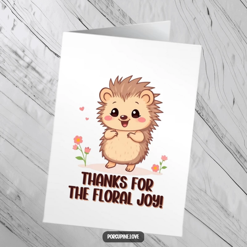 Funny Free Printable Thank You Card: Cute small porcupine with quills dancing joyfully, adorned with tiny, cheerful flowers.