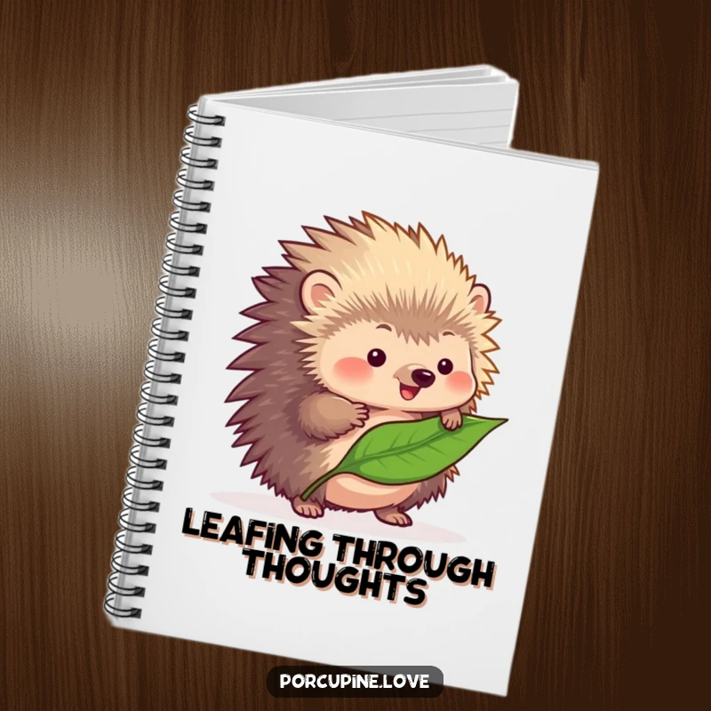 Funny fluffy porcupine notebook, concentrating on balancing a leaf on its quills, perfect for journaling with a humorous touch.