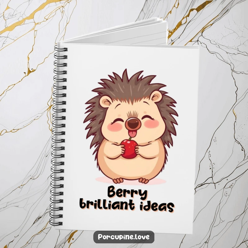 Funny excited porcupine notebook, nose wiggling with excitement for new ideas and berries, perfect for journaling fun.
