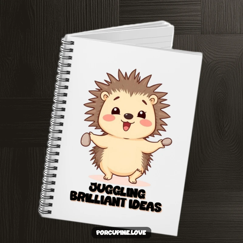 Funny cheerful porcupine notebook, juggling pebbles with its quills, perfect for capturing inspired ideas with a touch of skill.
