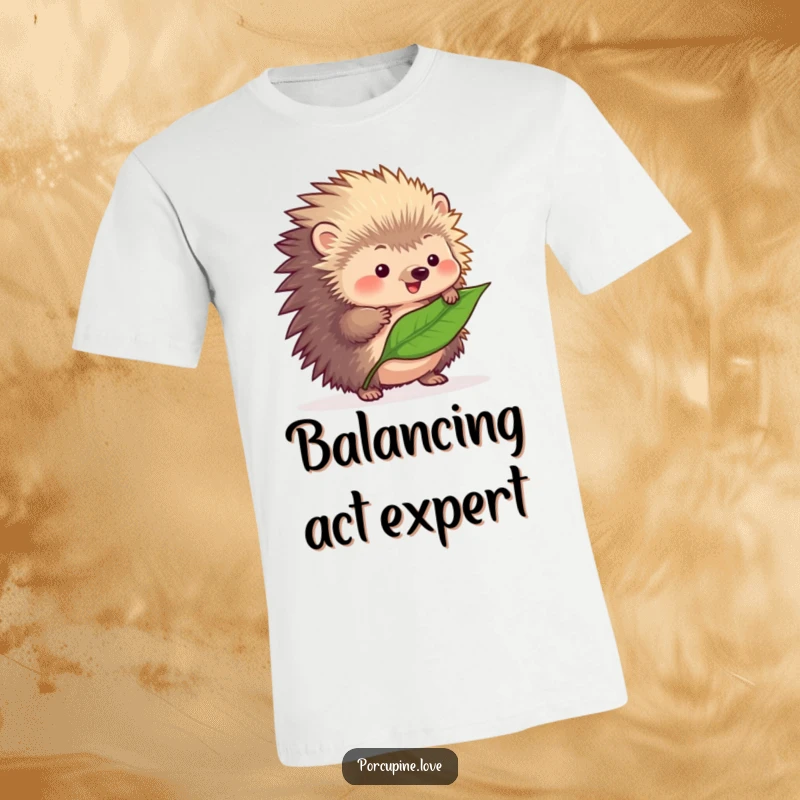 Funny fluffy porcupine t-shirt, focused on balancing a delicate leaf atop its quills, a picture of charming effort.