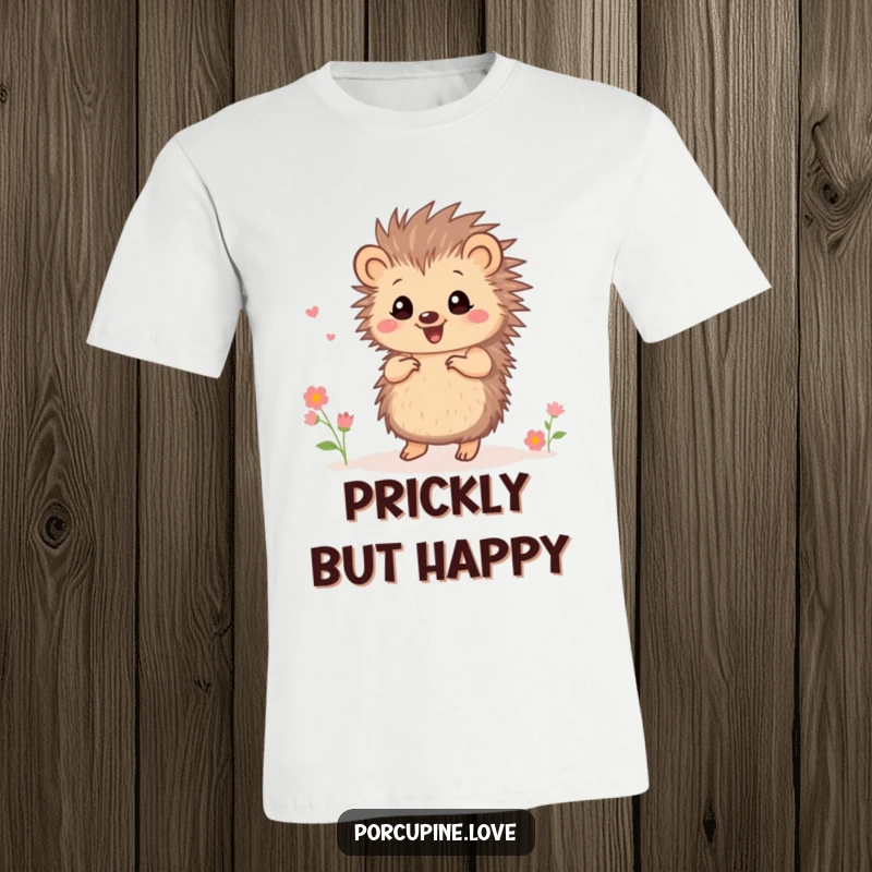 Funny small porcupine t-shirt, performing a happy dance amidst tiny flowers, showcasing pure, uninhibited joy and movement.