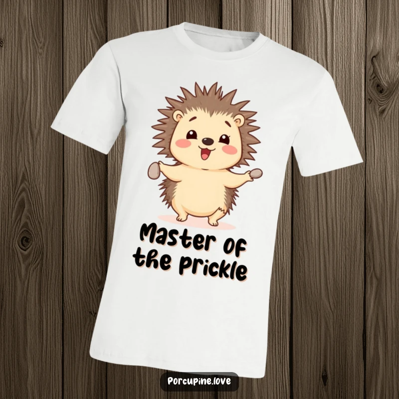Funny cheerful porcupine t-shirt, expertly juggling three small pebbles with its sharp quills, a testament to remarkable, humorous talent.