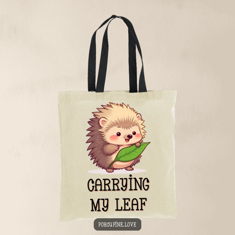 Funny fluffy porcupine tote bag, carefully balancing a single leaf on its quills, a uniquely charming and humorous carry-all.